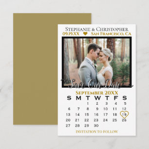 Cartão Calendário de Fotos Simples Casamento Dourado Salv