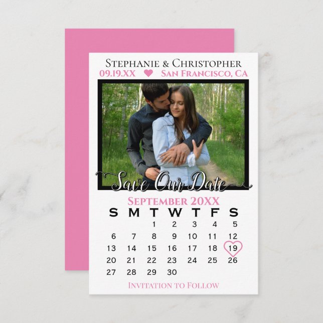 Cartão Calendário de Fotos Simples Casamento Rosa Salvar  (Frente/Verso)