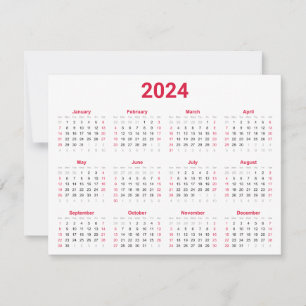 Cartão Calendário geral do Simple Red & White 2024