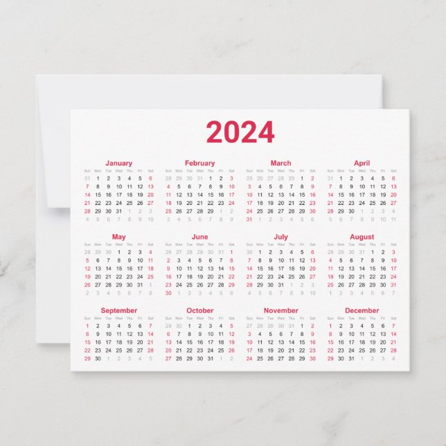 Cartão Calendário Simples Vermelho e Branco de 2024 à Pri (Frente)