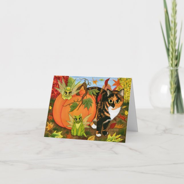 Cartão Calico Cat Fairy Cats Leaves Fall Autumn Art Card (Frente)