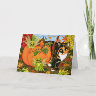 Cartão Calico Cat Fairy Cats Leaves Fall Autumn Art Card