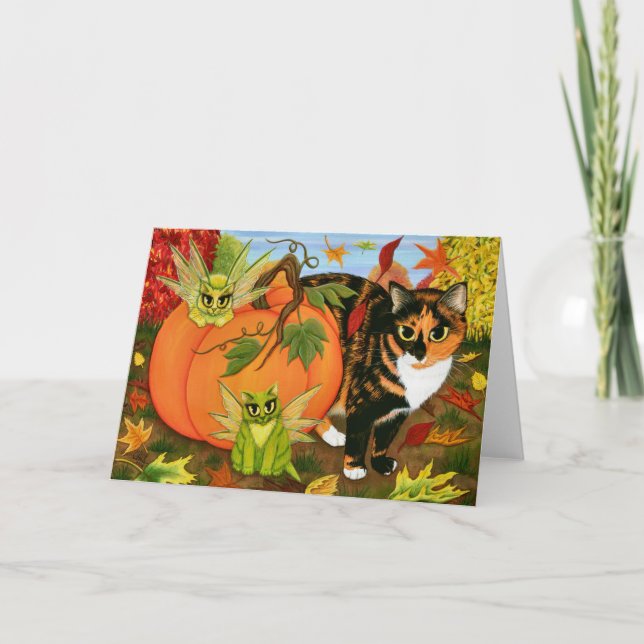 Cartão Calico Cat Fairy Cats Leaves Fall Autumn Art Card (Frente)