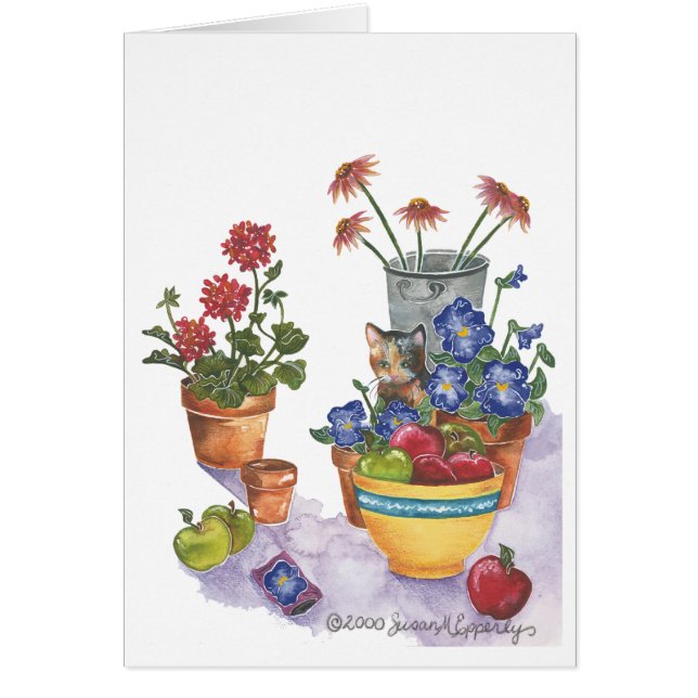 Cartão Calico Cat Pansies Apple Watercolor "Paloma" (Frente)
