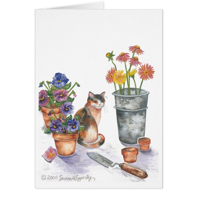 Cartão Calico Cat Pansies Daisies Watercolor "Don Juan" (Frente)