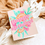 Cartão Caligrafia de fotos florais de aniversário em gata<br><div class="desc">Um aniversário feliz,  legal,  com letra cinzenta,  escrito a rosa,  com uma ilustração pastel cor-de-rosa,  laranja,  verde-pastel floral gouache,  uma caligrafia moderna com uma retro-torção.</div>