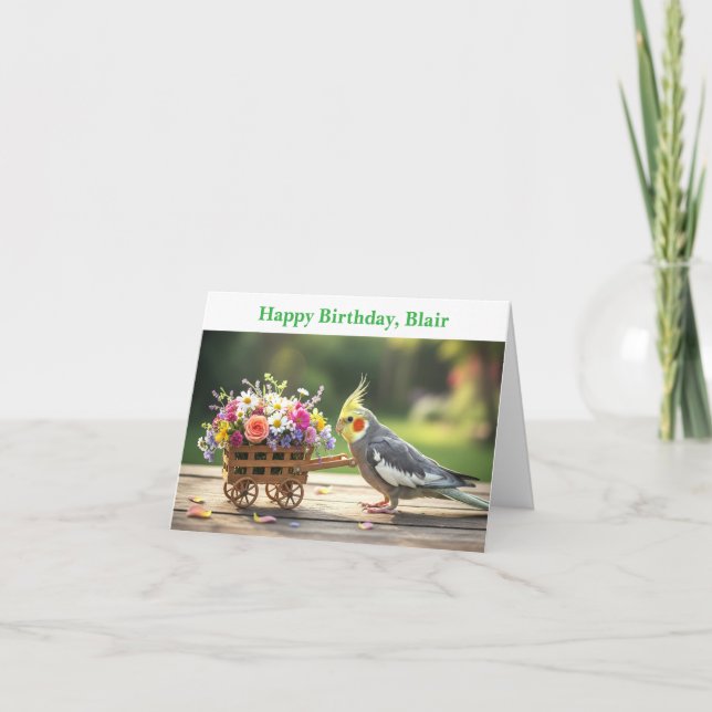 Cartão Calopsita com Flores Nome personalizado e texto de (Frente)