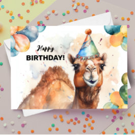 Cartão Camelo com Balões e Feliz Aniversário do Partido