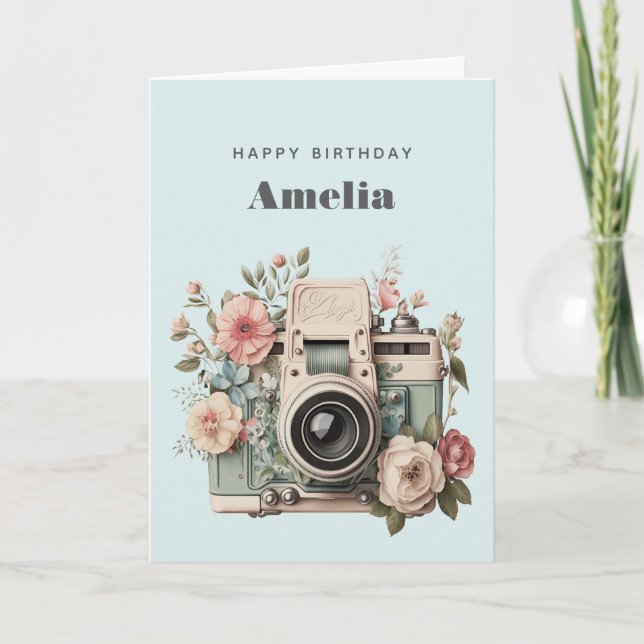 Cartão Câmera com Imagem Retro Pastel de Flores Aniversár (Frente)