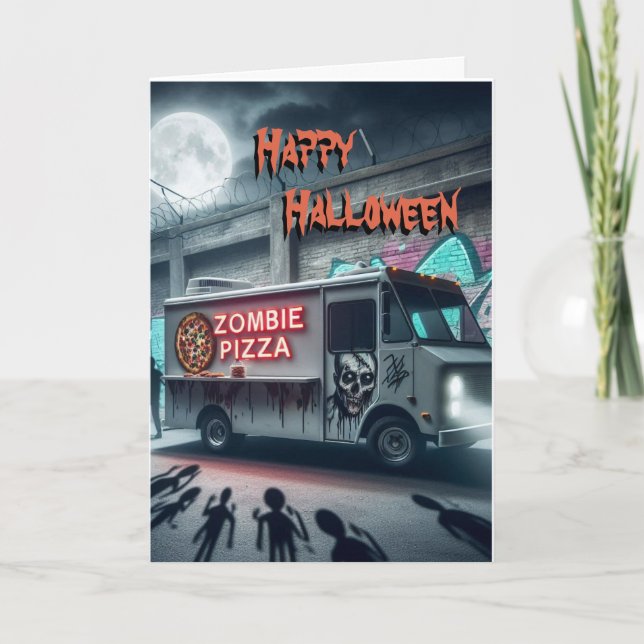 Cartão Caminhão de Comida Zombie Pizza No Halloween (Frente)