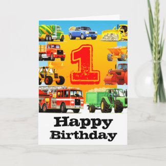Cartão Caminhão de Construção de primeiro aniversario do