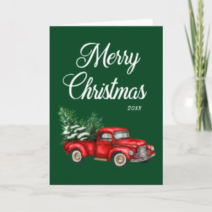 Cartão Caminhão Vermelho Aquarela Feliz Ano de Natal Verd