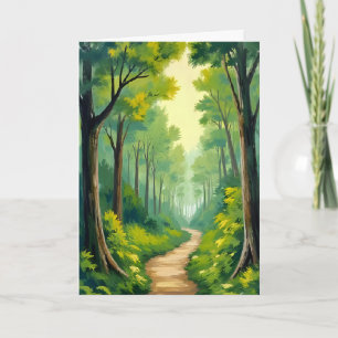 Cartão Caminho da Floresta Verde Pintura em Aquarela da