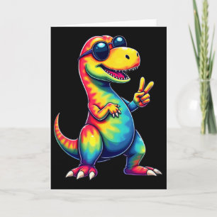 Cartão Camisa Hippie Tie Dye T-rex Dino Sinal de Paz 