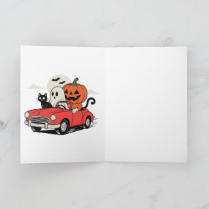 Cartão Camiseta Retro de Halloween com Fantasma Dirigindo