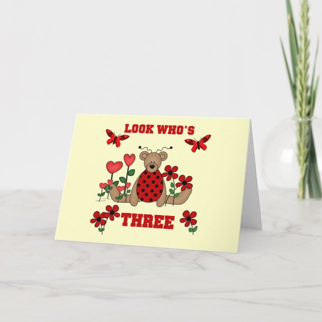 Cartão Camisetas de aniversário de 3 anos do Bear Ladybug (Frente)