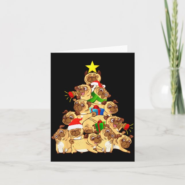 Cartão Camisola de Natal de Árvore de Cães Pug Roupas de  (Frente)
