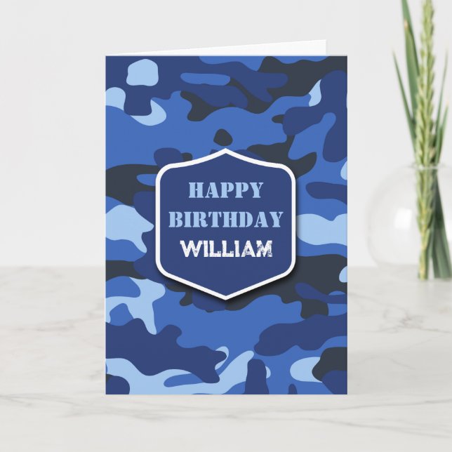 Cartão Camouflage Blue Camo Army Monogramas Aniversário (Frente)