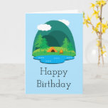 Cartão Camping Adventure Happy Birthday<br><div class="desc">This birthday card features a cute camping scene with the words "Happy Birthday". Inside the card it says "Wishing you a year full of adventures. Happy Birthday!" Perfect for people who love camping and nature.</div>