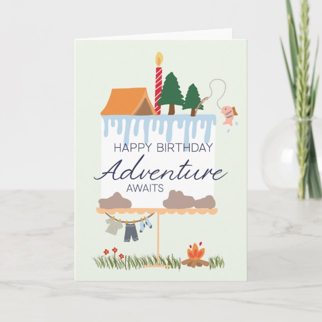 Cartão Camping Birthday Card: Adventure Awaits, Outdoorsy (Frente)