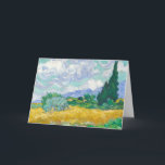 Cartão Campo de trigo com ciprestes | Vincent van Gogh<br><div class="desc">O Campo de Trigo com Ciprestes (1889), de Vincent van Gogh, é uma paisagem dinâmica e impressionista, que captura o vibrante movimento da natureza. Pintado durante sua estada no asilo Santo-Paul-de-Mausole em Santo-Rémy-de-Provence, o trabalho de arte apresenta um campo de trigo ouro balançando na brisa, pontuado por árvores cinzas verdes...</div>