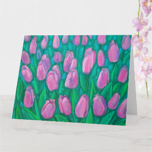 Cartão Campo de Tulipas Rosa, Pintura Floral de Flores de
