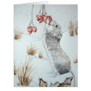 Cartão Camundongo e bagas vermelhas, a neve, a fauna selv