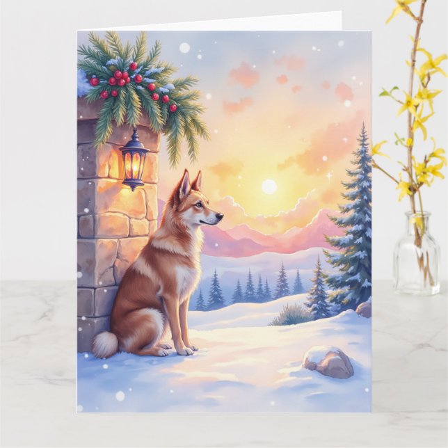 Cartão Canaan Dog Desert Stone Winter Christmas Art (Flor Amarela)