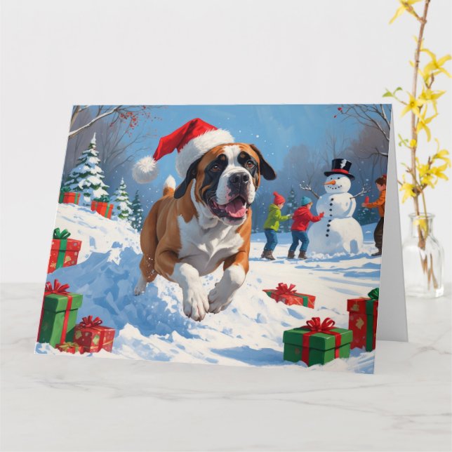 Cartão Cane Corso Correndo na Neve com Chapéu de Natal (Flor Amarela)