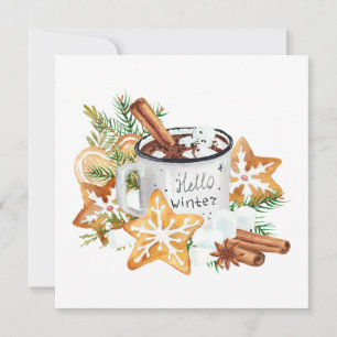Cartão Caneca de Chocolate Quente Olá Inverno com Biscoit