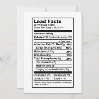 Cartão Cantor líder "Nutritional Information Label" (Etiq