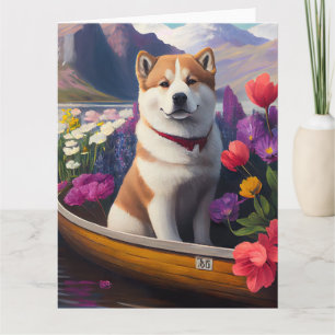 Cartão Cão Akita em uma Canoa: Uma Aventura Cênica