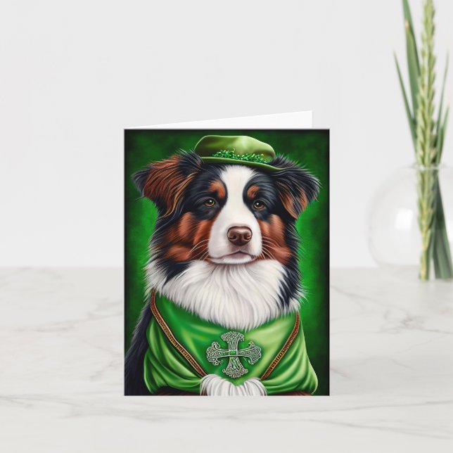 Cartão Cão Australian Shepherd vestido para o Dia de São  (Frente)