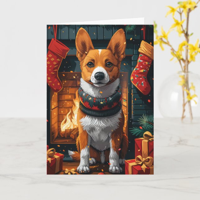 Cartão Cão Basenji com Presentes de Natal Lareira (Flor Amarela)