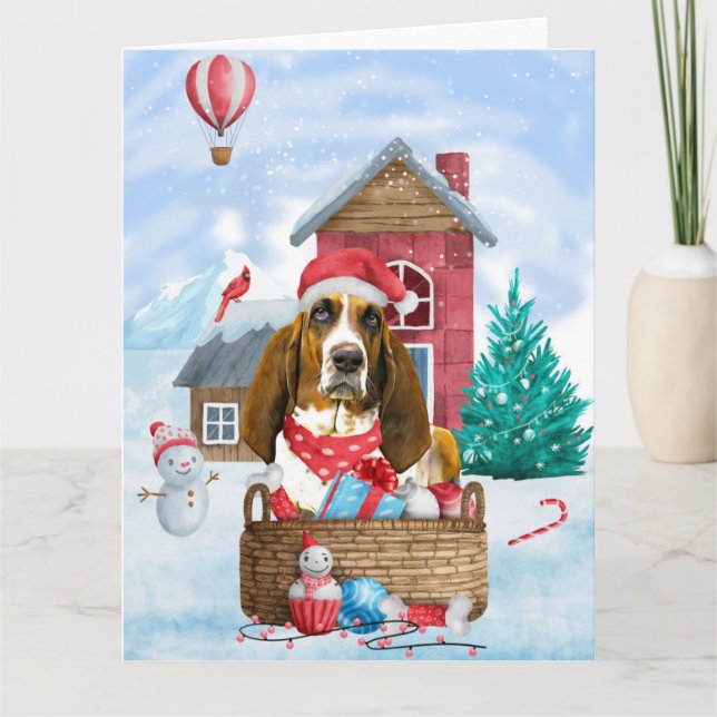 Cartão Cão Basset Hound na Casa de Cachorro de Natal na N (Frente)