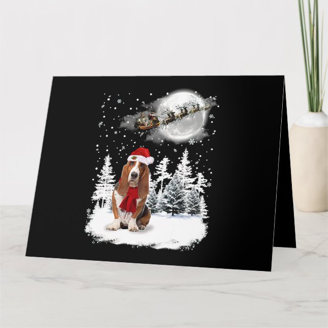 Cartão Cão Basset Hound sob Luz da Lua Neve Natal Pijama (Frente)