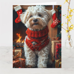 Cartão Cão Bichon Frise com Presentes de Natal Lareira