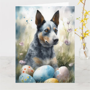 Cartão Cão Blue Heeler com Feriado de Ovos de Páscoa