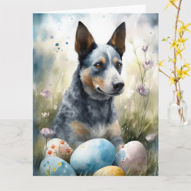 Cartão Cão Blue Heeler com Ovos de Páscoa Feriado  (Flor Amarela)