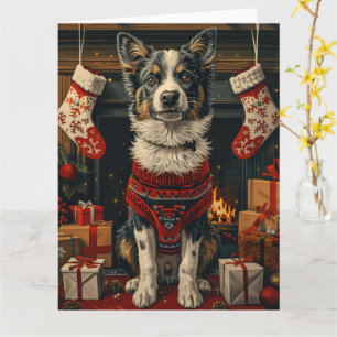 Cartão Cão Blue Heeler com Presentes de Natal Lareira