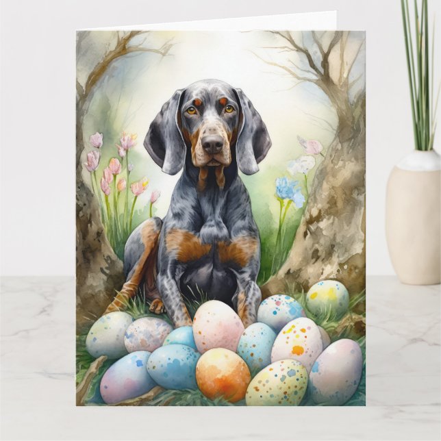 Cartão Cão Bluetick Coonhound com Ovos da Páscoa Feriado  (Frente)