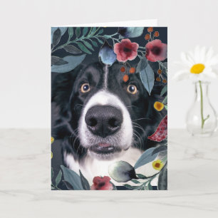 Cartão Cão Border Collie com Flor Rosa em Aquarela