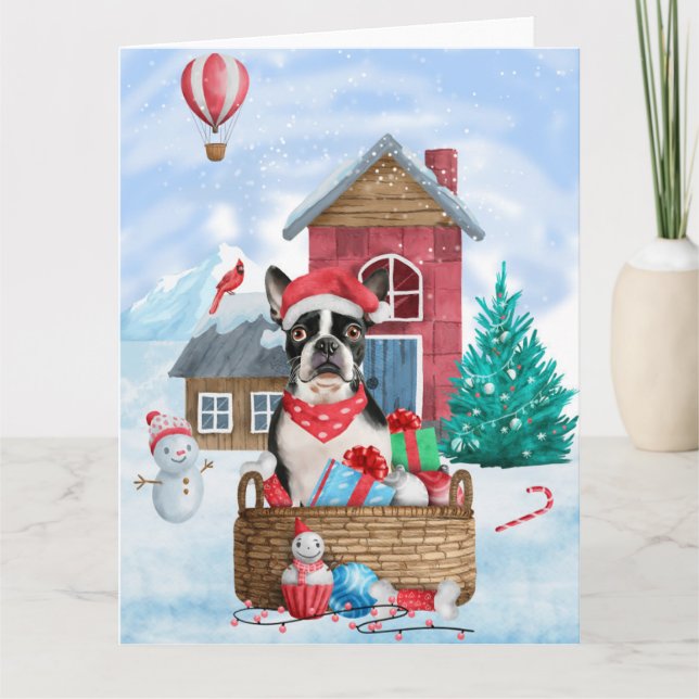 Cartão Cão Boston Terrier na Casa de Natal na neve (Frente)