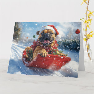 Cartão Cão Bullmastiff em Trenó Deixe Nevar Natal