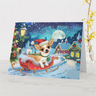 Cartão Cão Chihuahua em trenó na neve Natal