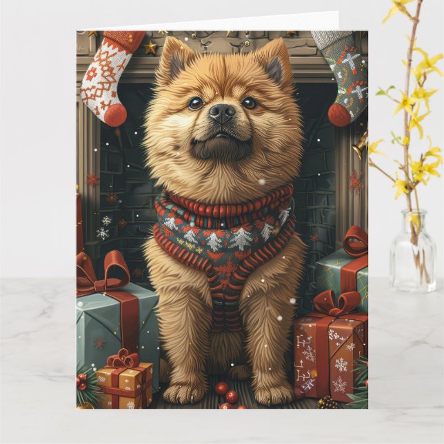 Cartão Cão Chow Chow Com Presentes de Natal Lareira (Flor Amarela)