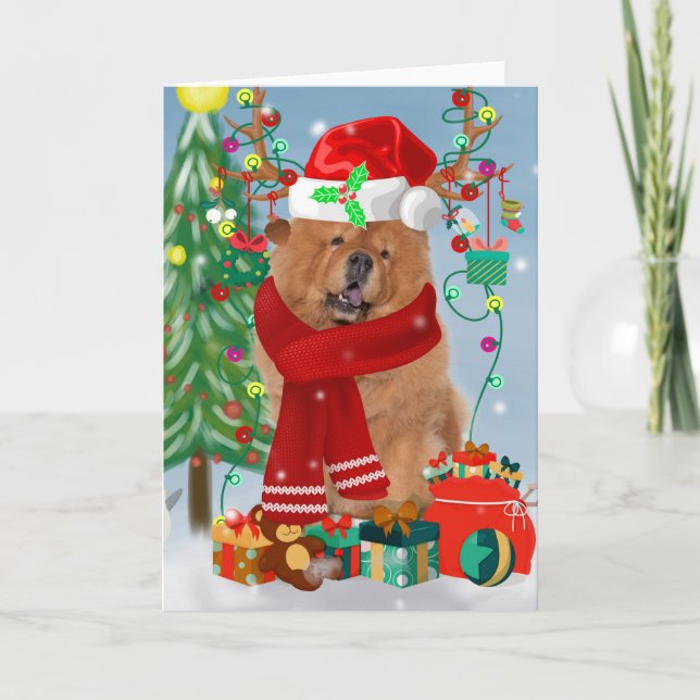Cartão Cão Chow Chow na Neve com Presentes de Natal  (Frente)