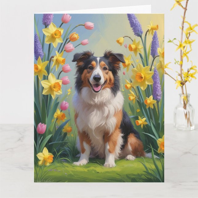 Cartão Cão Collie Áspero Pintura de Flores de Primavera (Flor Amarela)
