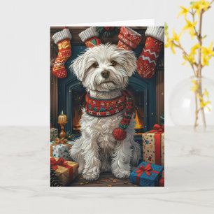 Cartão Cão Coton De Tulear com Presentes de Natal Lareira