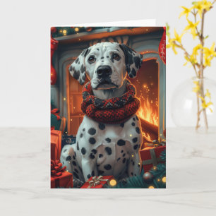 Cartão Cão Dálmata com Presentes de Natal Lareira